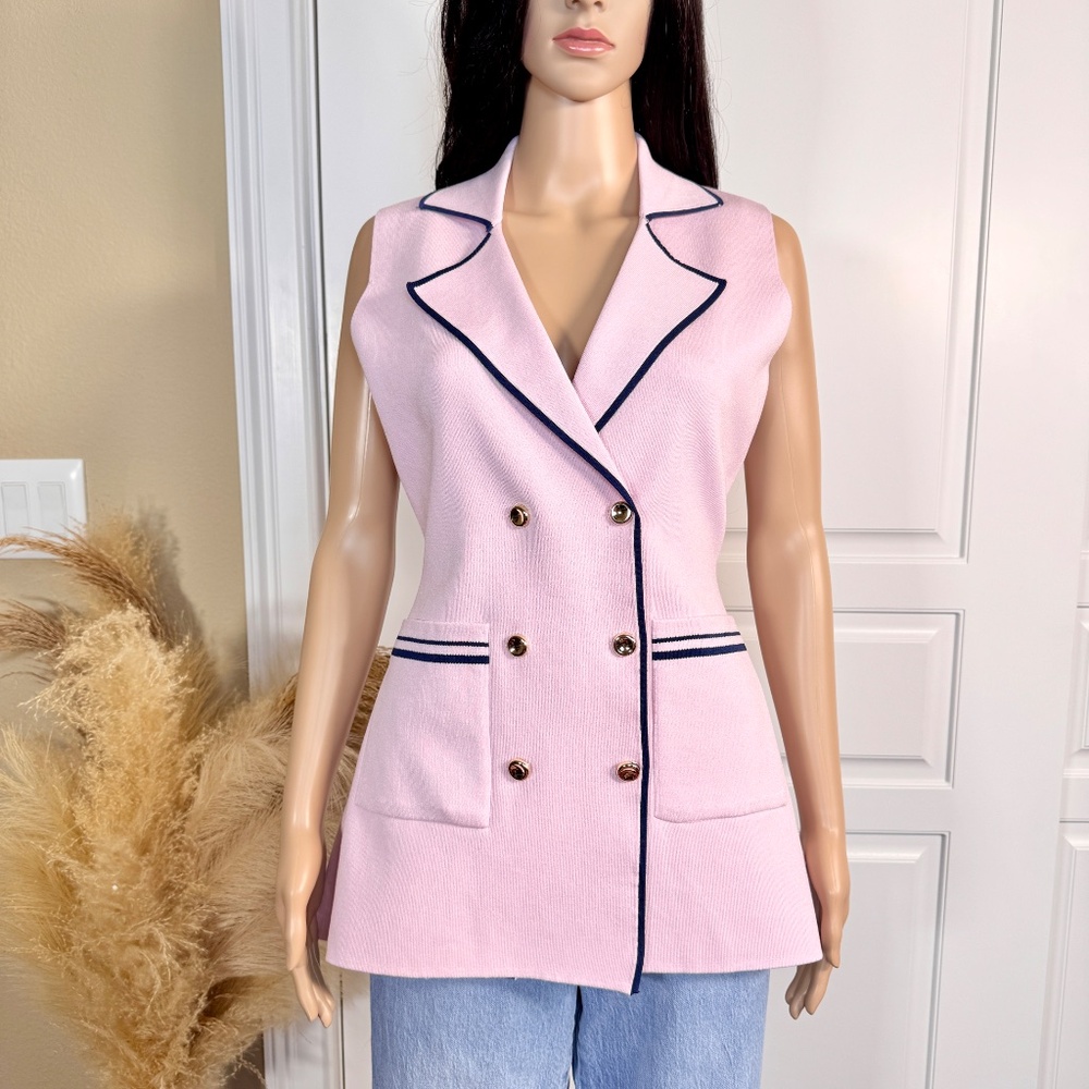 LIGHT PINK BLAZER VEST WITH NAVY BLUE TRIMMING AND POCKETS - Picture 5 of 11